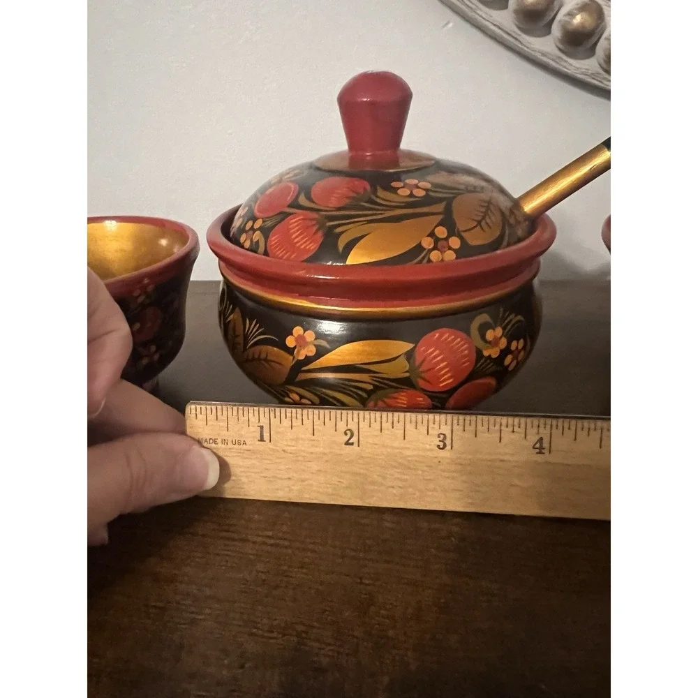 Vintage Russian Khokhloma Wooden Sugar Bowl w Lid Spoon & 2 Bowls Hand Painted